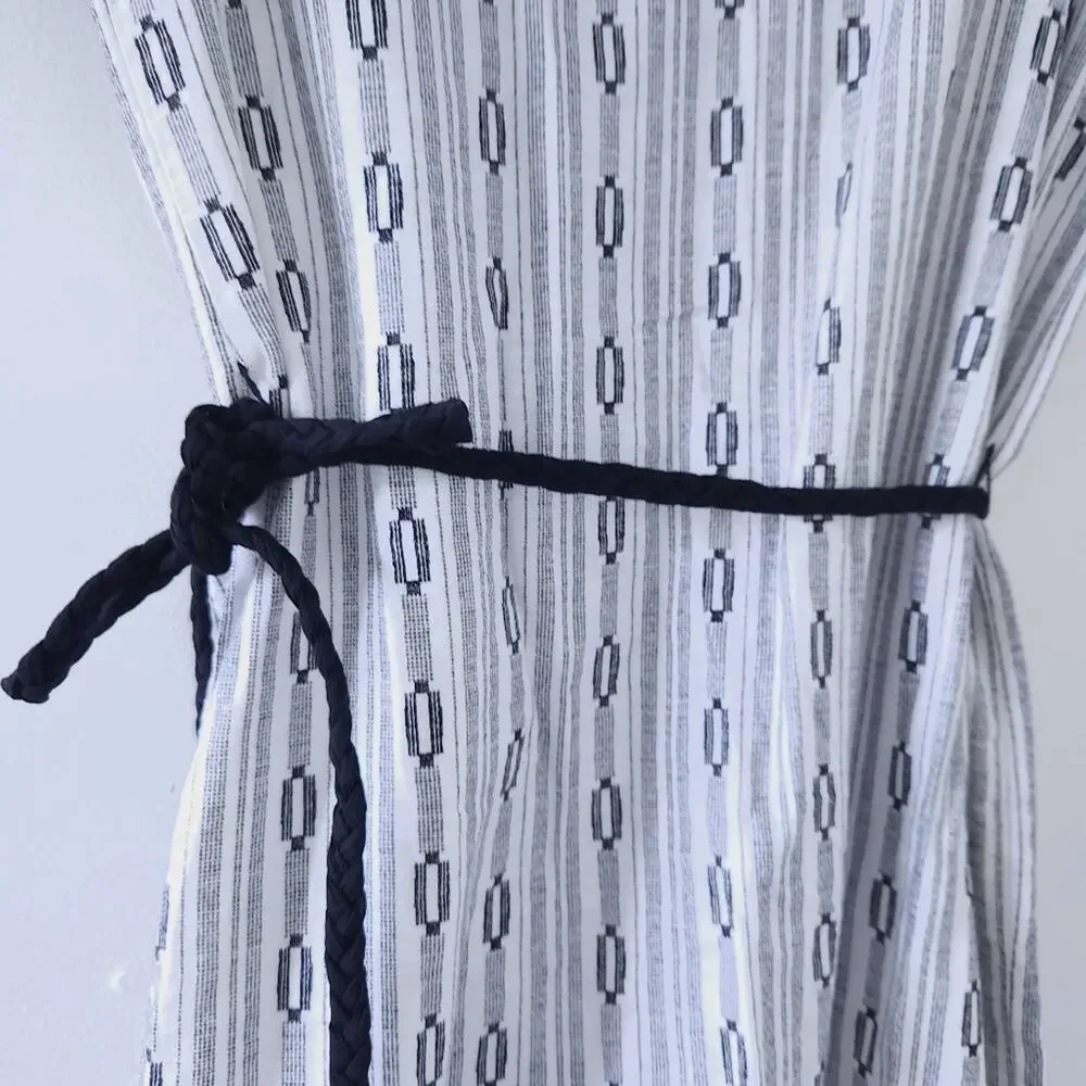 Old Navy Girls Dress Large 10-12 White Black Abstract Geometric Tie Waist Cotton